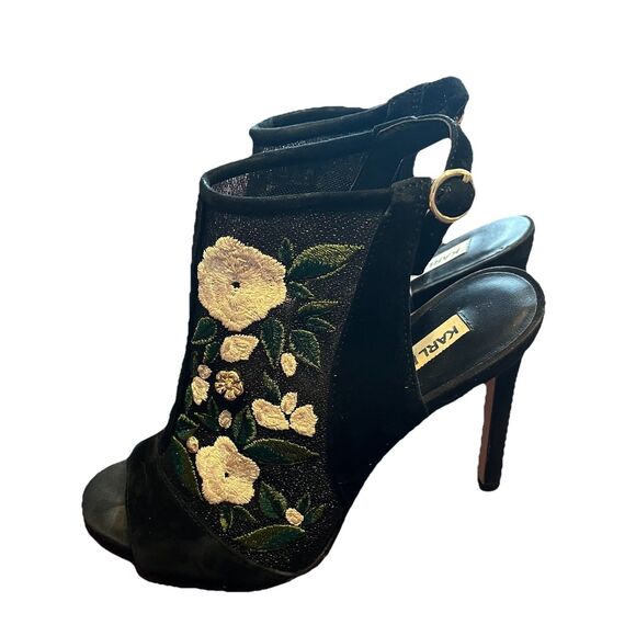 Karl Lagerfeld Paris Embellished Embroidered Black Mesh Sling Back Peep Toe Heel - Picture 3 of 8